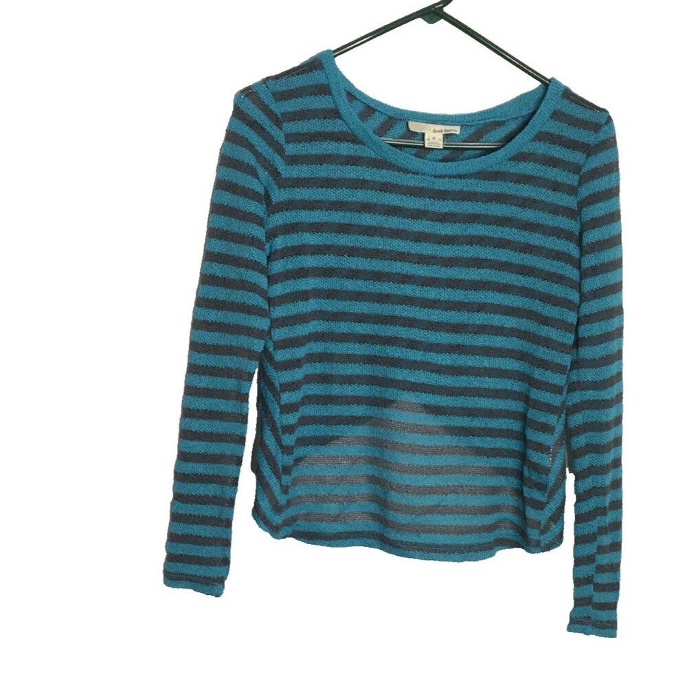 Derek Heart Sweater Top Women Small Teal Gray  Stripe Long Sleeve Cross Back